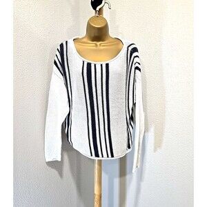 Roxy Roll Neck Sweater Womens L Oversized Cotton White Blue Boxy Striped Coastal